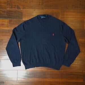 Vintage Polo by Ralph Lauren Mens Pima Cotton Navy V-Neck Sweater Size Large